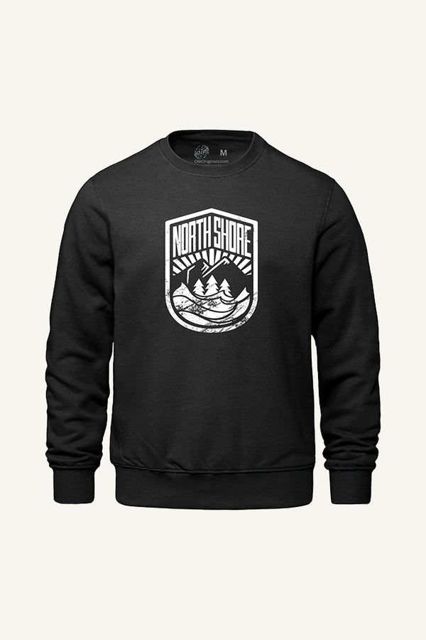 Black sweatshirt with white 'North Shore' crest logo 