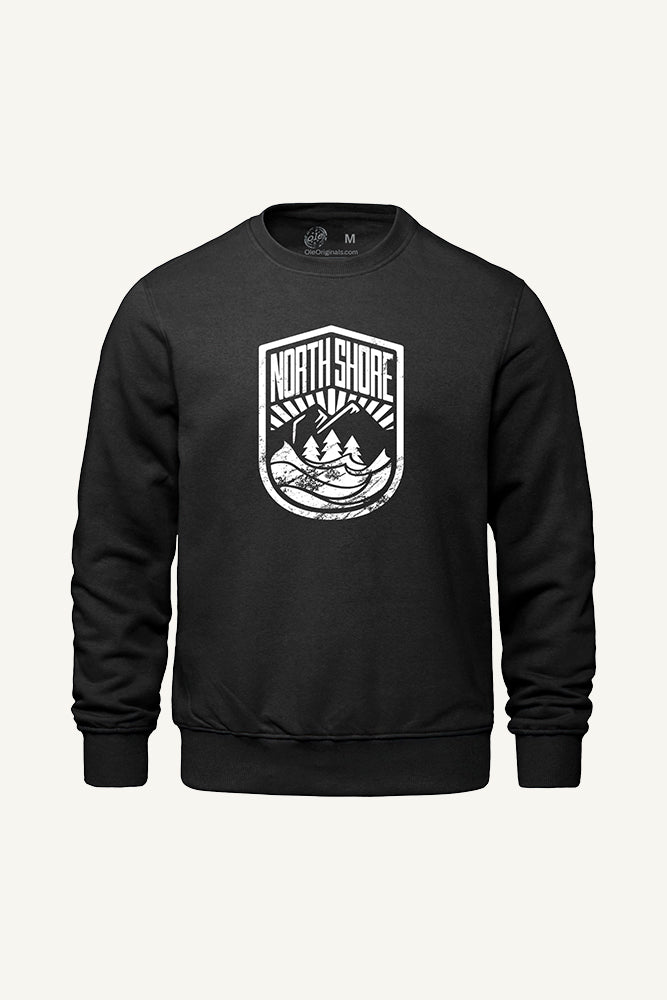 Black sweatshirt with white 'North Shore' crest logo 