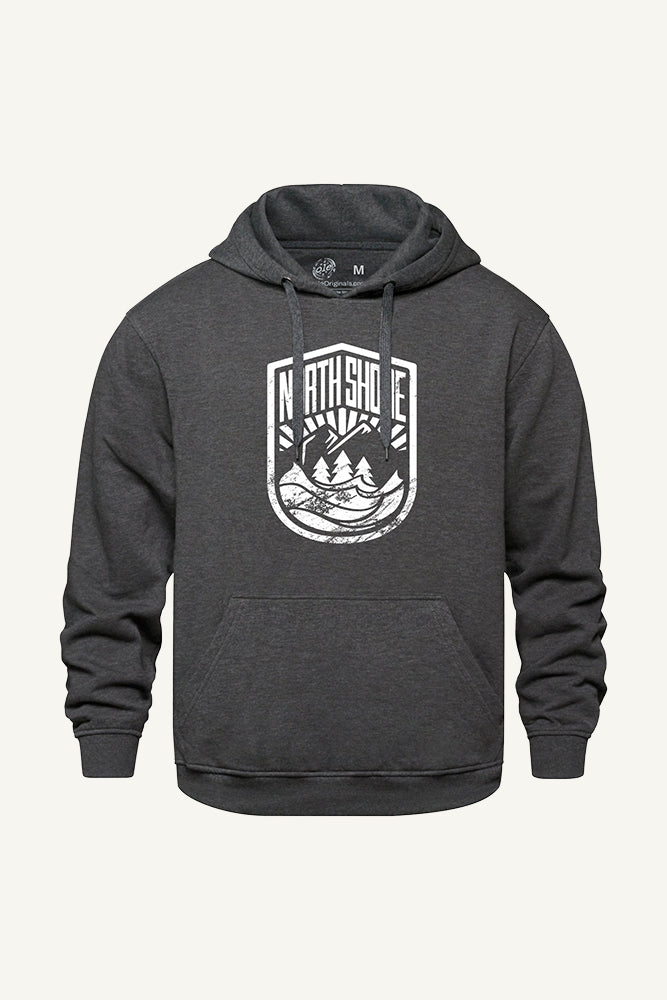 Charcoal hoodie with a white North Shore crest design