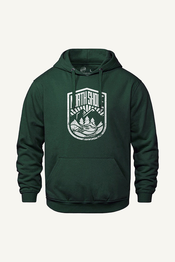 Green hoodie with a white North Shore crest design