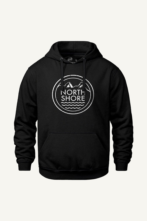 Black hoodie with 'North Shore' logo on a light gray background