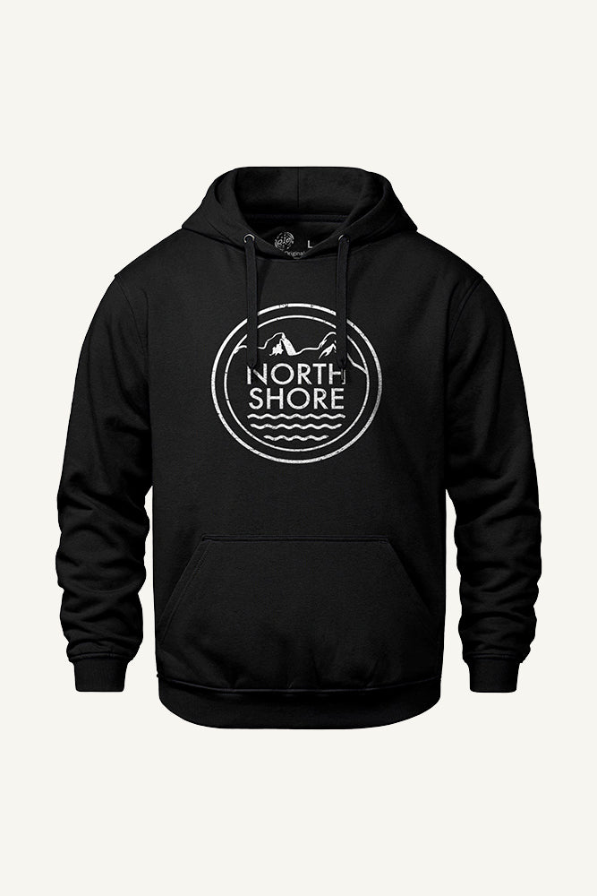 Black hoodie with 'North Shore' logo on a light gray background