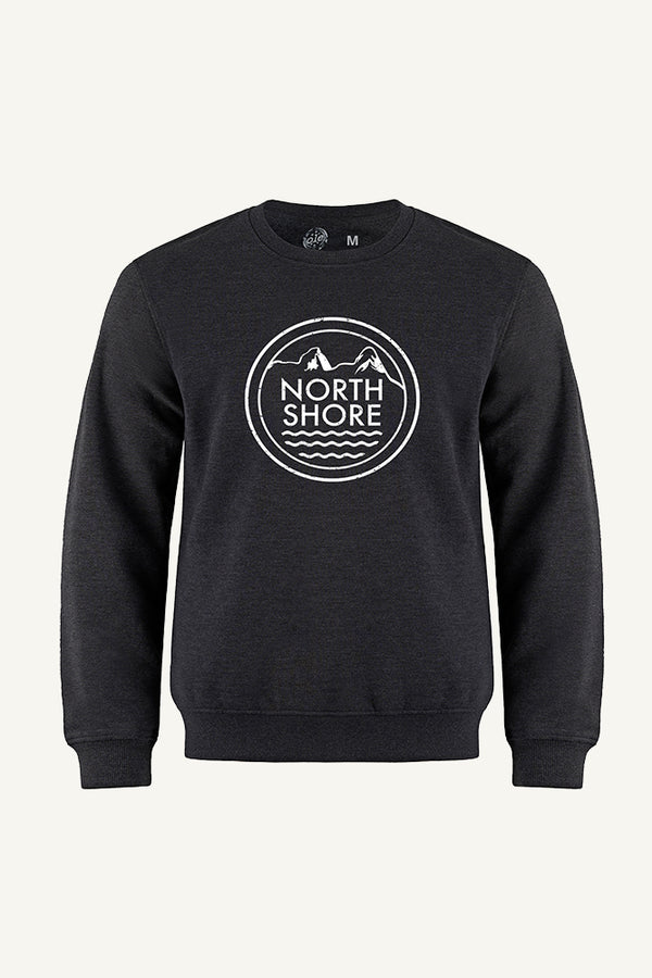 Charcoal sweatshirt with white round 'North Shore' logo