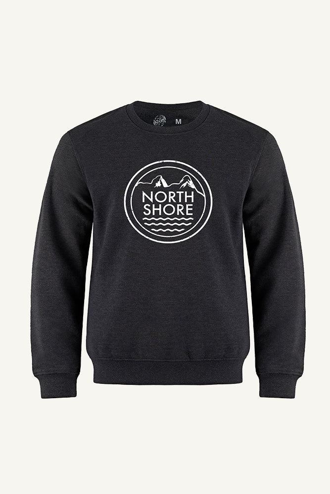 Charcoal sweatshirt with white round 'North Shore' logo