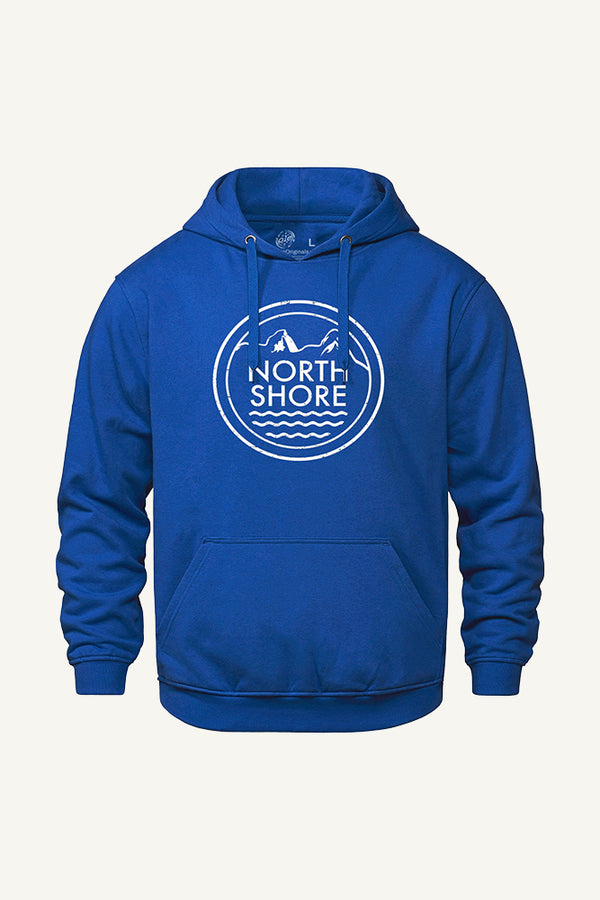 Blue hoodie with 'North Shore' logo on a white background